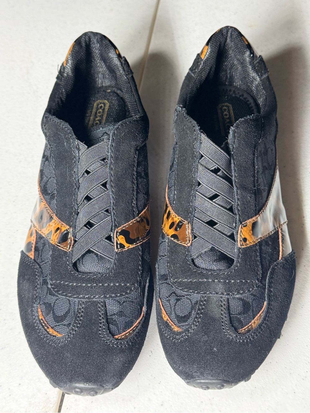 Coach Rafaella slip on Animal Print Sneakers with Tan Patent Accents